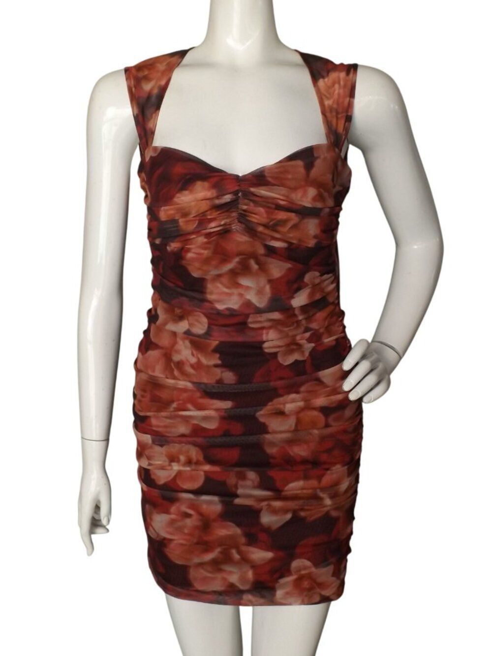 new RUNAWAY Dress, L, Ruched Clubwear, Wine Floral, Mini/Short, Open Back